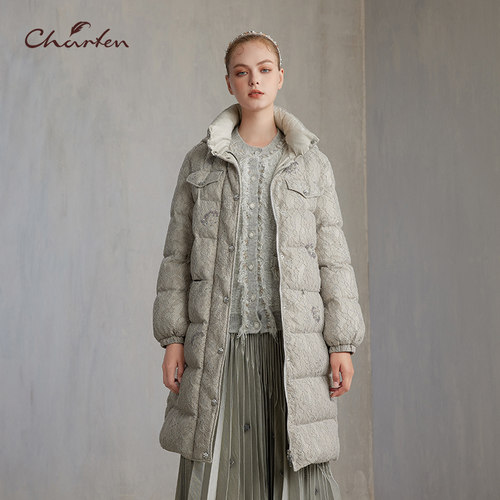CHARFEN冬季重工刺绣连帽羽绒服