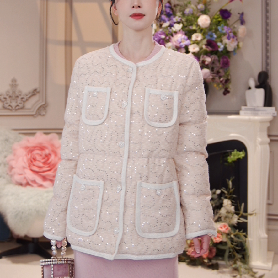 小香风粗花呢短款圆领羽绒服