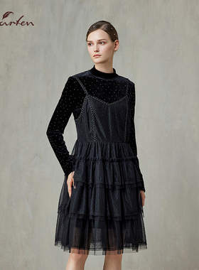 CHARFEN小香风黑色网纱连衣裙拼接长袖气质淑女裙CFF1A505-5005G
