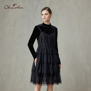 CHARFEN小香风黑色网纱连衣裙拼接长袖 5005G 气质淑女裙CFF1A505