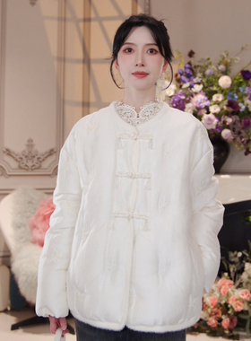 CHARFEN中式盘扣米白羽绒服女短款刺绣保暖外套CFF3A910-9009Y