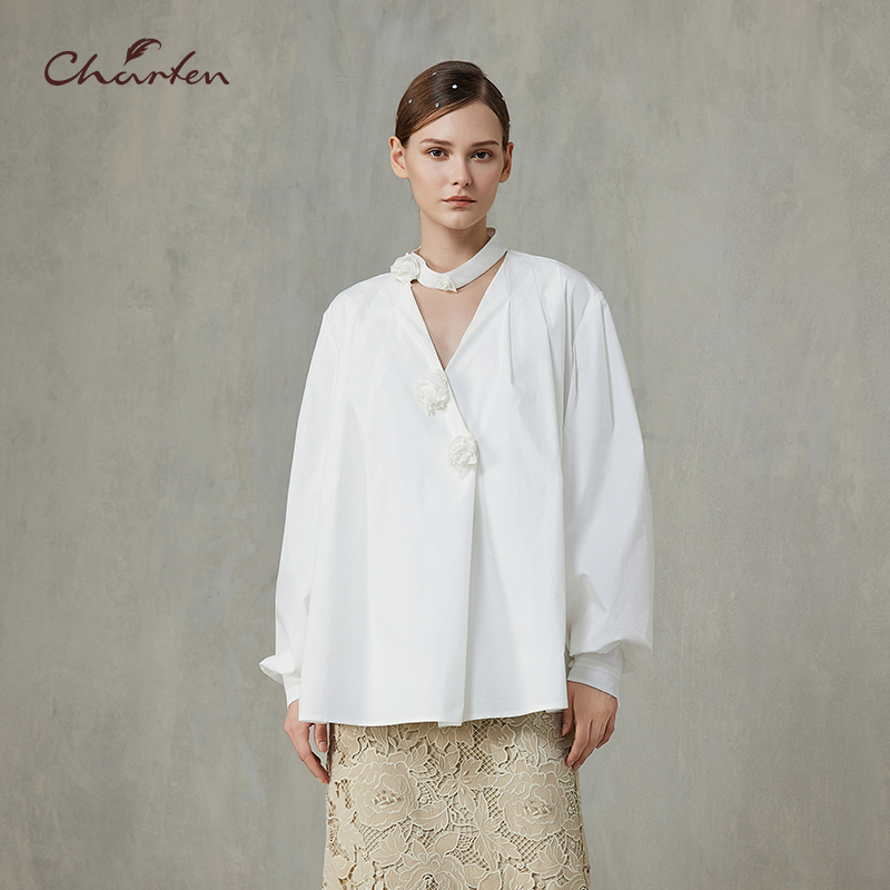 重工钉珠立体手工花衬衫