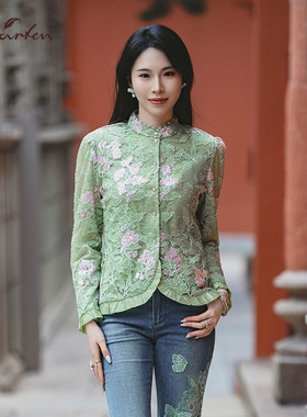 CHARFEN中国风改良蕾丝衬衫长袖立领刺绣优雅上衣CFF1A360-3065T