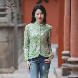立领刺绣新中式 长袖 优雅上衣2513065 女丝衬衫 Charfen朝峰春新款