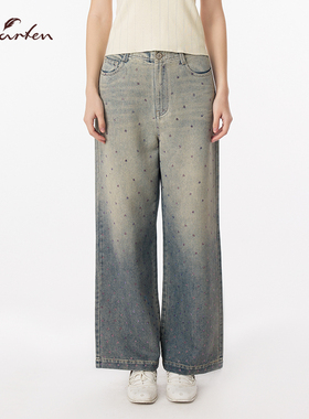 CHARFEN复古高腰阔腿做旧渐变烫钻直筒长裤牛仔裤CFF3A807-8006P