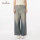 CFF3A807 CHARFEN复古高腰阔腿做旧渐变烫钻直筒长裤 牛仔裤 8006P