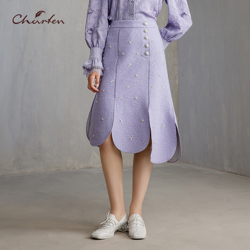 重工钉珠喇叭花边半身裙