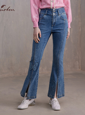 CHARFEN朝峰秋季新款百搭显瘦绣花微喇牛仔裤CFE3B131-1068P