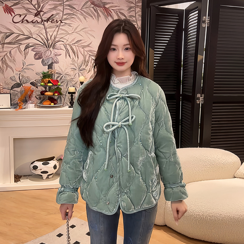 CHARFEN蝴蝶结新中式丝绒羽绒服