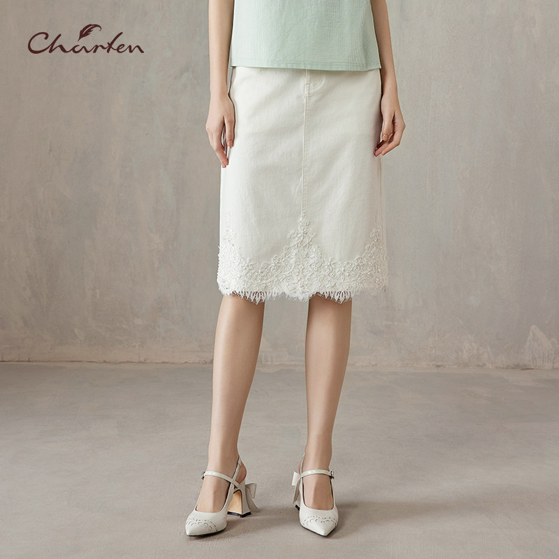 Charfen朝峰春新款女蕾丝拼接半身裙蕾丝边优雅显瘦中裙3092E