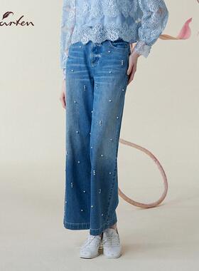 Charfen朝峰春新款女高腰直筒钉珠阔腿百搭牛仔裤CFE1C126-1032P