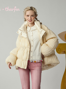 CHARFEN冬季俏皮减龄翻领丝绒蝴蝶结羽绒服女CFE5H580-5089Y