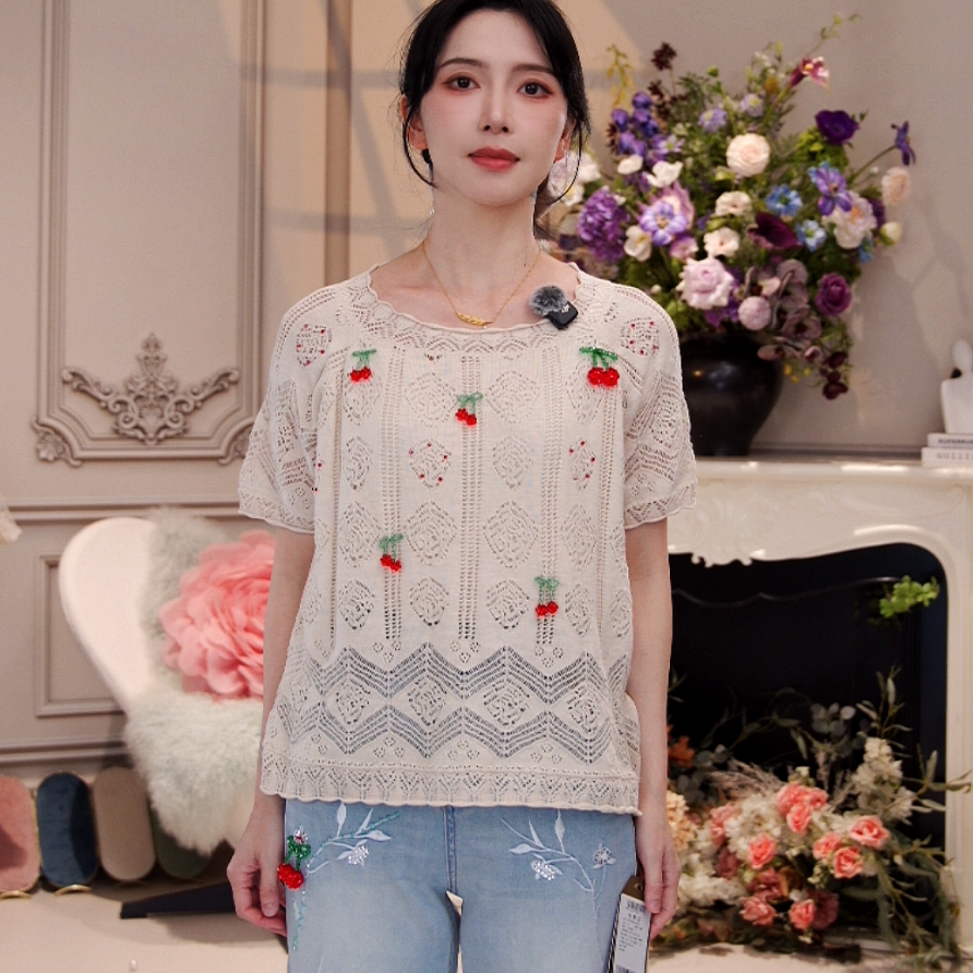 Charfen朝峰短袖女夏季2026新款法式蕾丝镂空针织衫樱桃上衣9083C