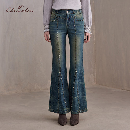 时尚百搭显瘦重工钉珠微喇牛仔裤