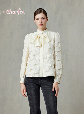 CHARFEN法式浪漫风立体花瓣刺绣系带衬衫仙气上衣CFF1A501-5001T