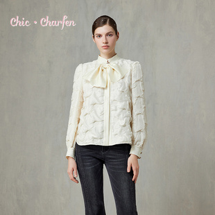 5001T 仙气上衣CFF1A501 CHARFEN法式 浪漫风立体花瓣刺绣系带衬衫