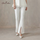 Charfen朝峰春新款 2528060 女温柔简约风高腰百搭开叉显瘦牛仔长裤