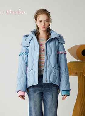 Chic Charfen工装风短款羽绒服女蓝色连帽羽绒外套CFE5H562-5072Y