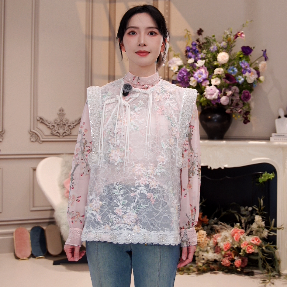 Charfen朝峰春新款女新中式蕾丝刺绣花卉马甲外套系带重工3117F