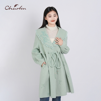 温柔风白色毛呢大衣中长款