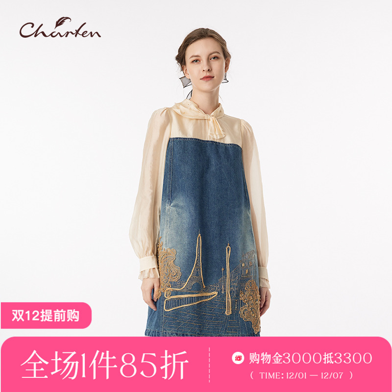 重工立体刺绣牛仔连衣裙