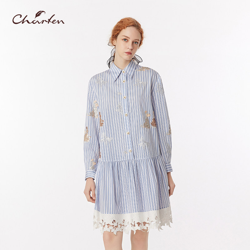 Charfen朝峰春新款女重工蕾丝边条纹衬衫连衣裙显瘦百搭2535038
