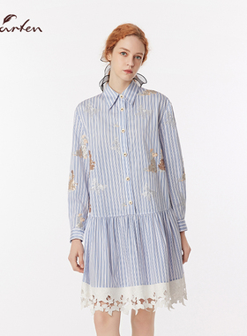 CHARFEN2025秋季新款重工蕾丝边条纹衬衫连衣裙女CFF3A502-5038G