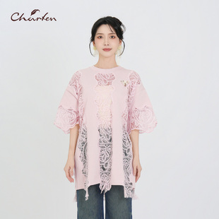 CHARFEN设计感蕾丝镂空钩花短袖T恤宽松上衣CFF2D977-9115B无内搭