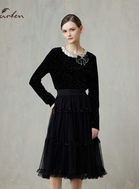 CHARFEN淑女风黑色波点蝴蝶结针织衫显瘦优雅上衣CFF1A508-5008B