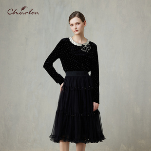 CHARFEN淑女风黑色波点蝴蝶结针织衫 5008B 显瘦优雅上衣CFF1A508