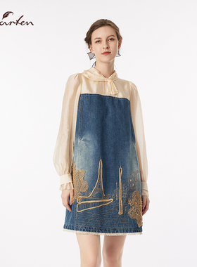 CHARFEN2025秋季新款重工立体刺绣巴黎牛仔连衣裙CFF3A807-8009L