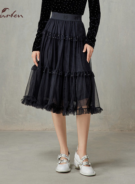 CHARFEN黑色网纱蛋糕裙高腰显瘦层次感半身蓬蓬裙CFF1A568-5075E