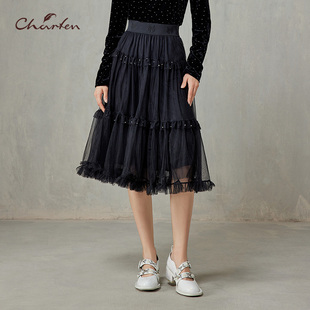 CHARFEN黑色网纱蛋糕裙高腰显瘦层次感半身蓬蓬裙CFF1A568 5075E
