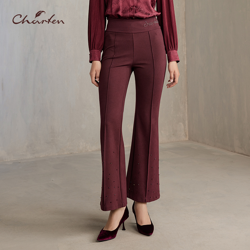 2025春季新款重工烫钻微喇西装裤