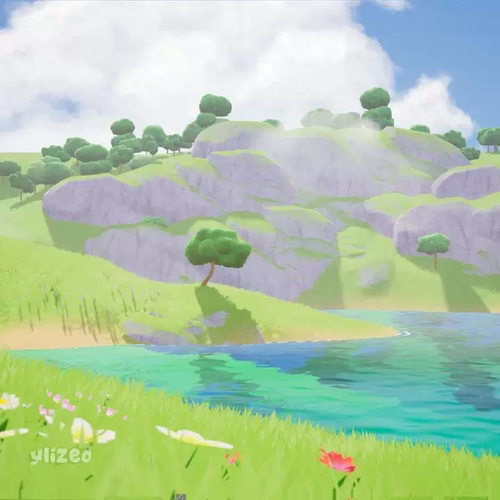 UE5.1风格化山谷平原草地树木湖泊Stylized Grassy Fields