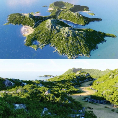 Blender写实海洋岛屿山峰岩石绿植山路海滩礁石场景3D模型文件