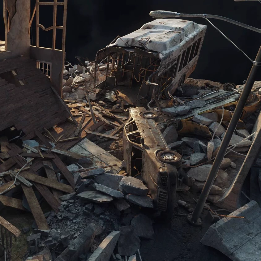 KitBash Wreckage末日城市建筑房屋飞机车交通废墟blender多格式