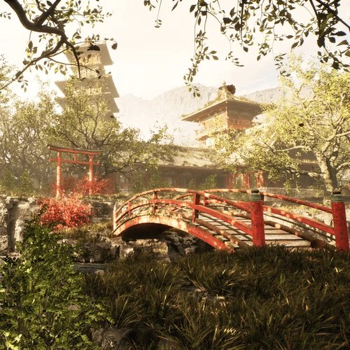 UE5.3中式日古风高山高塔寺庙自动门可进室内Temple
