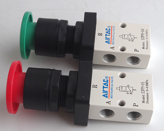 3口2位机械阀原装亚德客蘑菇头按钮型手动阀S3PM-M5 06 08R G B