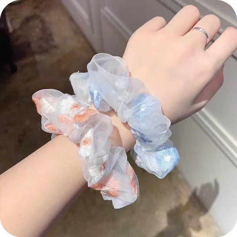 欧根纱高级法式网红发圈夏天小清新猪大肠圈少女可爱刺绣花朵头绳