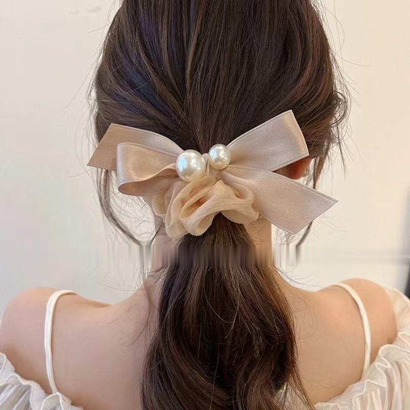 日韩气质优雅缎面仿珍珠蝴蝶结大肠发圈皮筋头绳马尾丸子头发饰