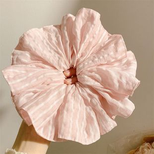 法式温柔粉色条纹缎面大肠发圈女超大号头绳高级感丸子头百搭发饰