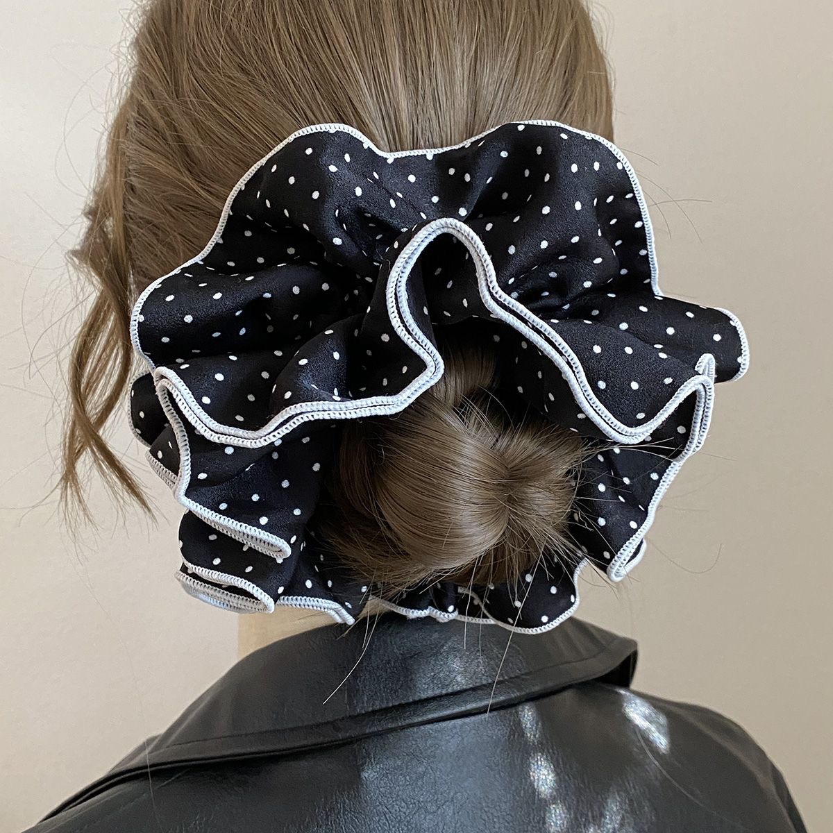 优雅黑白波点四层大肠温柔发圈韩系高级感低丸子头发发绳马尾头绳