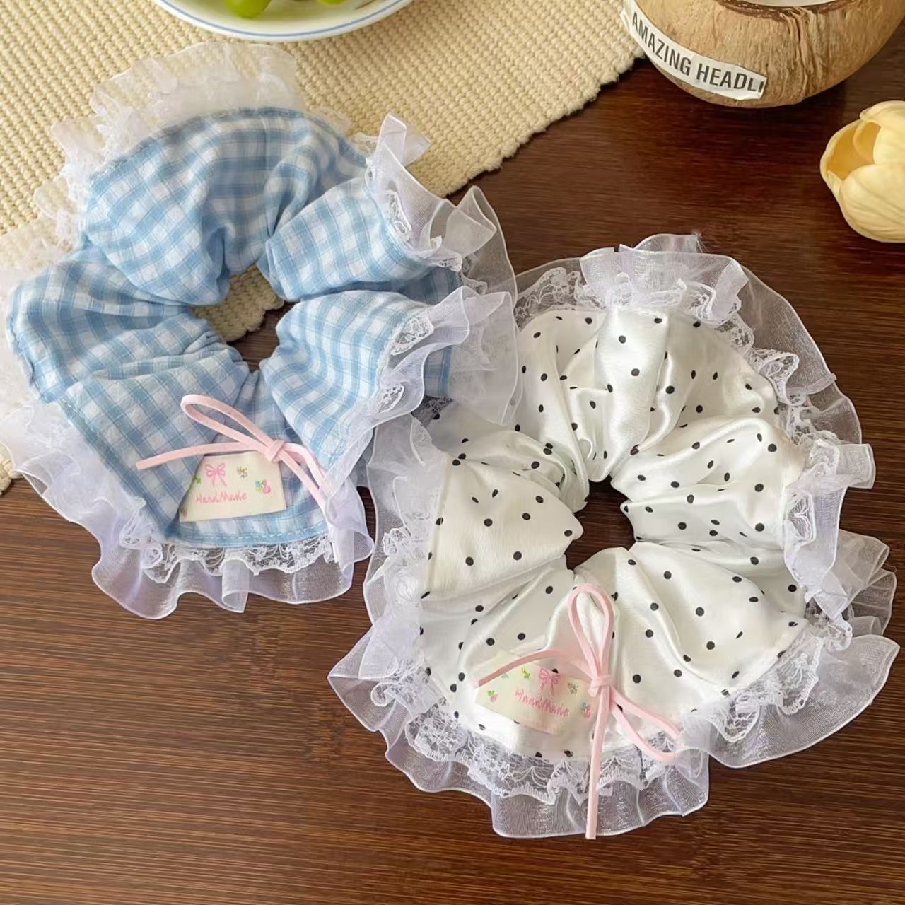 大肠发圈女2025甜美扎马尾格子新款氛围感蕾丝丸子头发绳百搭发饰