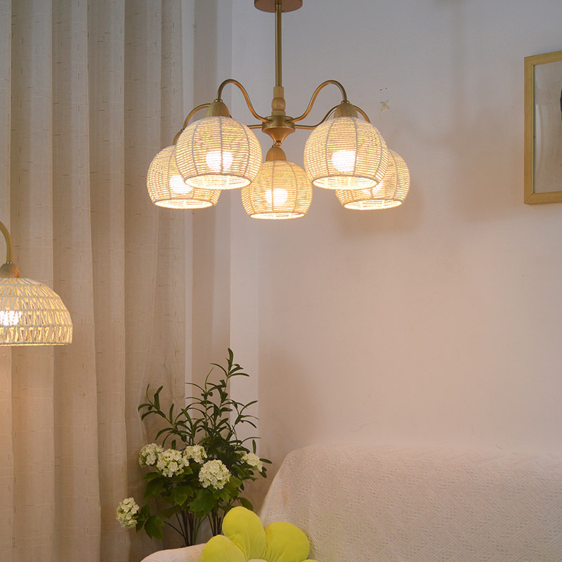 北欧原木奶油风卧室吊灯简美客厅书房餐厅现代简约复古田园藤编灯