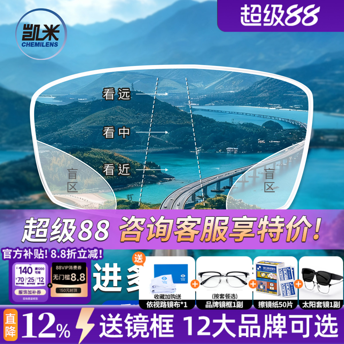 凯米内渐进U6防蓝光老花镜片