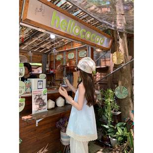 ASHENONLINE 甜美泡泡设计感蕾丝边吊带 淡蓝色碎花无袖 上衣女夏季