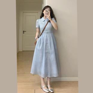 通勤高级感气质显瘦A字长裙 法式 蓝色polo领衬衫 连衣裙女夏季 新款