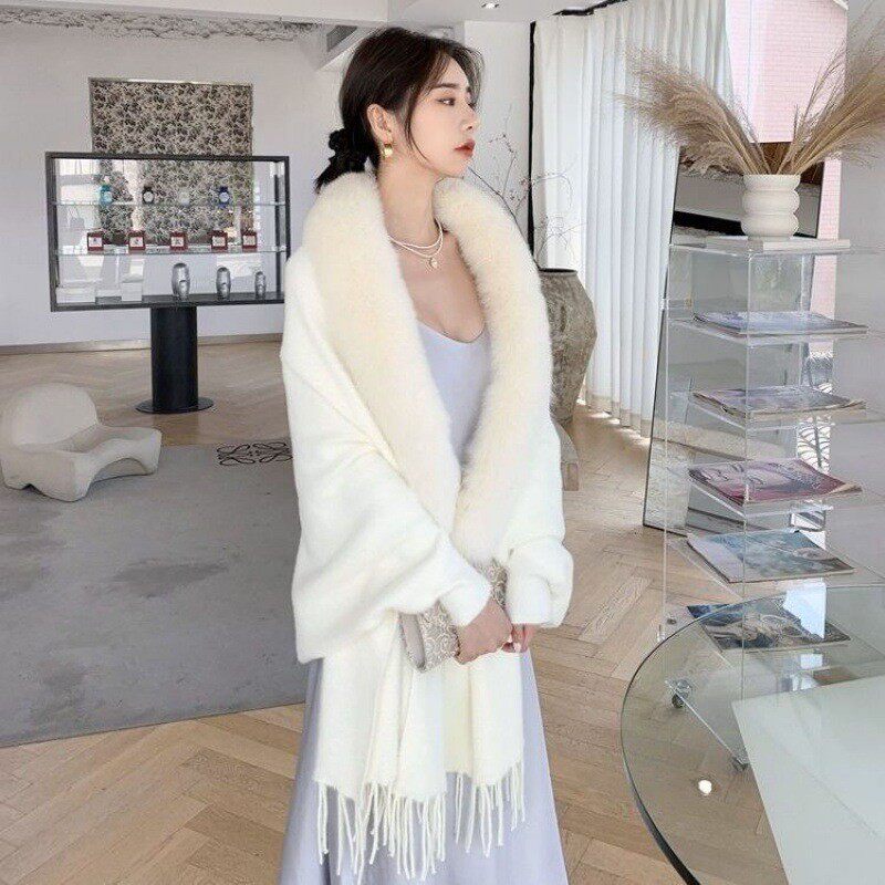 秋冬女士水貂绒针织开衫毛领礼服气质袖子披肩中长款斗篷披风外搭