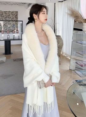 秋冬女士水貂绒针织开衫毛领礼服气质袖子披肩中长款斗篷披风外搭